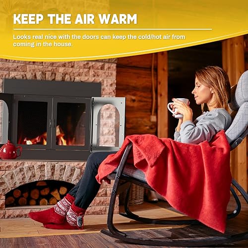 Miniatura 6 de Puerta de chimenea, puertas de chimenea con pantalla y decoración de vidrio, protector de malla de hierro y paneles magnéticos, se adapta a