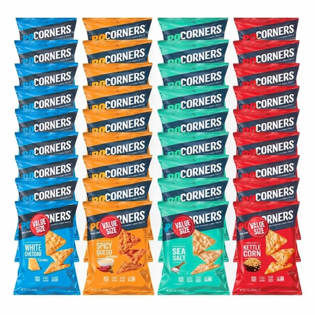 Pop-Cornners Snacks Gluten Free Chips, 5 Flavor Variety Pack 28 Count 1 oz Bags Packaged By Doomi, Individual Snack Bags in Sea Salt, White Cheddar, Sweet & Salty, Cinnamon Crunch and Spicy Queso Flavors - Low-Calorie Popcorn Chips for Snacking Care Packages Parties & More