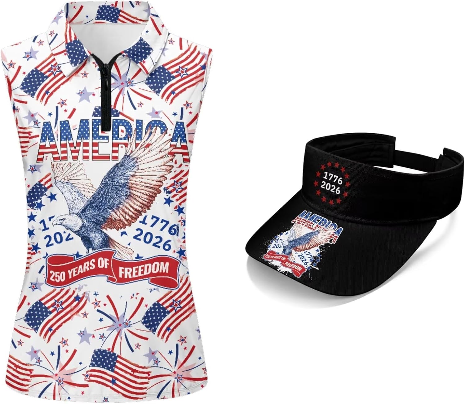 POLERO American Flag Womens Golf Shirt and Visor Hat Sleeveless Tennis Shirts Moisture Wicking Outfits