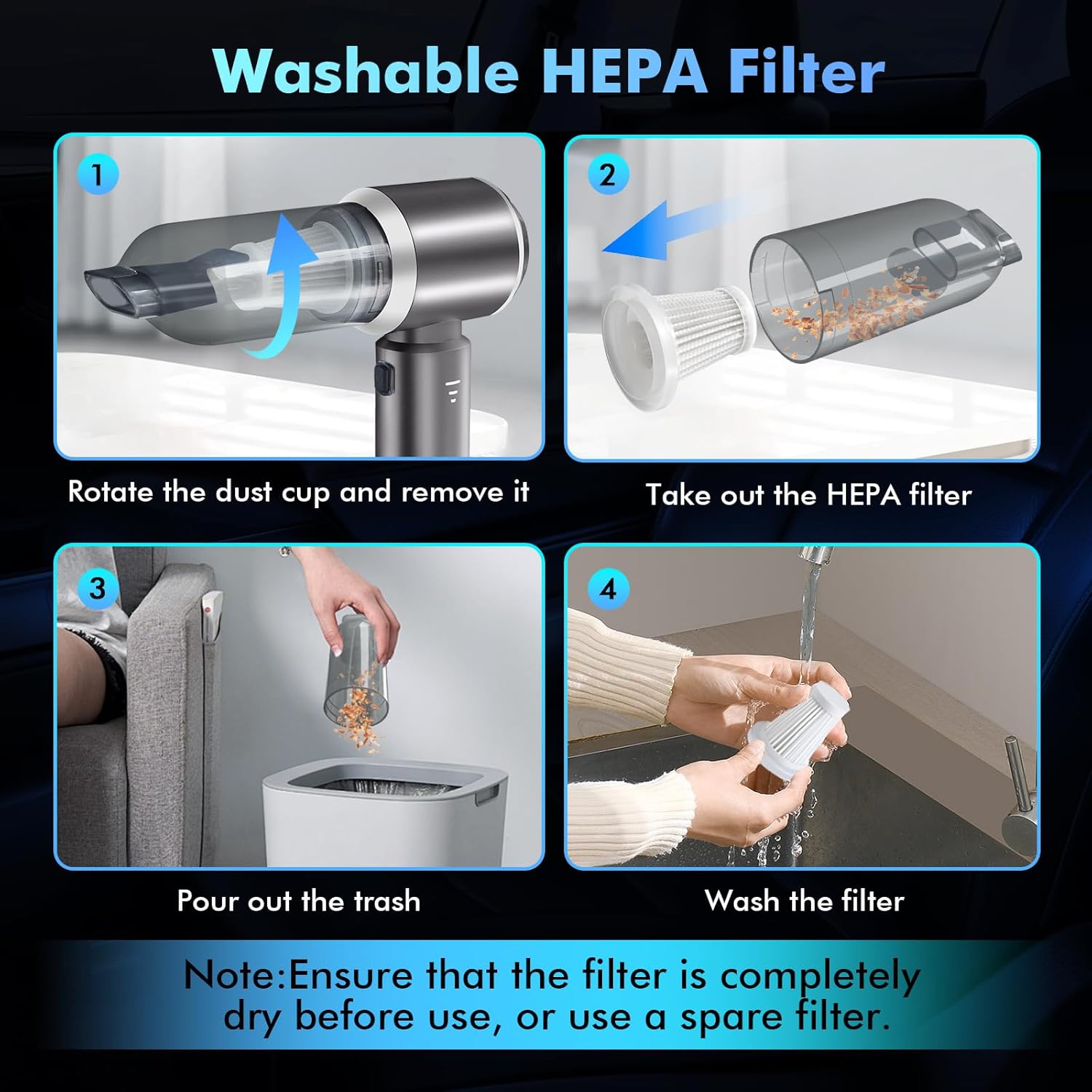 4-in-1 Cordless Car Vacuum & Compressed Air Duster, 20000PA Suction 80000RPM Brushless Motor, 3-Level LED Indicator for Sewing Machine Lint, Vinyl Records, PC Cleaning, Car Detailing (Silver) - Image 6