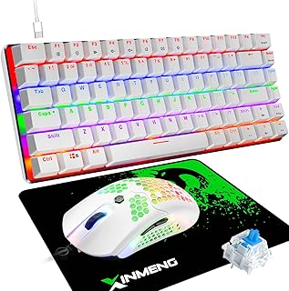 Wired Gaming keyboard Mouse combo, 3 in 1 set, Rainbow Fixed Backlit Blue Switch 82-key Compact Mechanical Keyboard, 12000DPI Wired 65G Lightweight Gaming USB Mouse with 26 RGB Backlit+Cool Mouse Pad