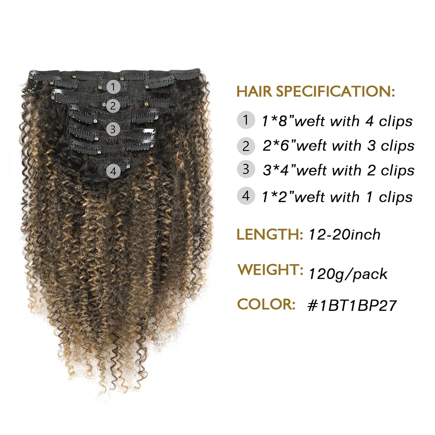 ABH AMAZINGBEAUTY HAIR Blonde Kinky Curly Clip in Hair Extensions Rooted Black Highlight Blonde 16 Inch Double Wefts Real Remy Human Hair Curly Clip ins 3C 4A Full Head 120G, #1BT1BP27
