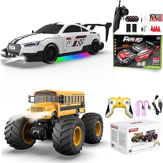 1/16 RC Drift Car 2.4Ghz 4WD Remote Control Car with Spray & Led Lights, 30+KM/H High Speed RC Cars & 1/18 Remote Control School Bus Toy for Kids, 2.4GHz All Terrain RC Cars with LED Lights