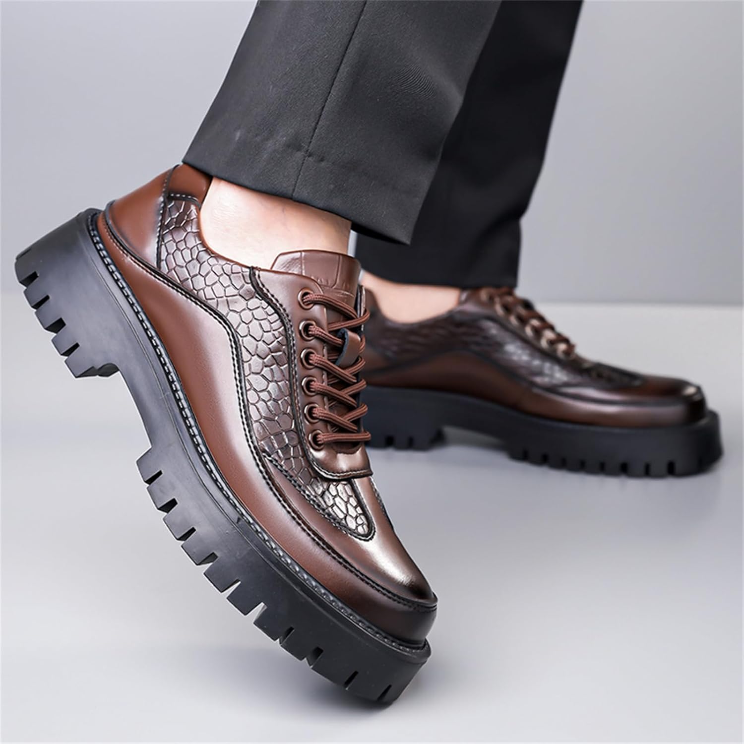 Men's Crocodile Embossed Genuine Leather Lace Up Chunky Platform Dress Derby Oxford Round Toe Lug Non Slip Sole for Business Casual Formal Office Driving Loafers
