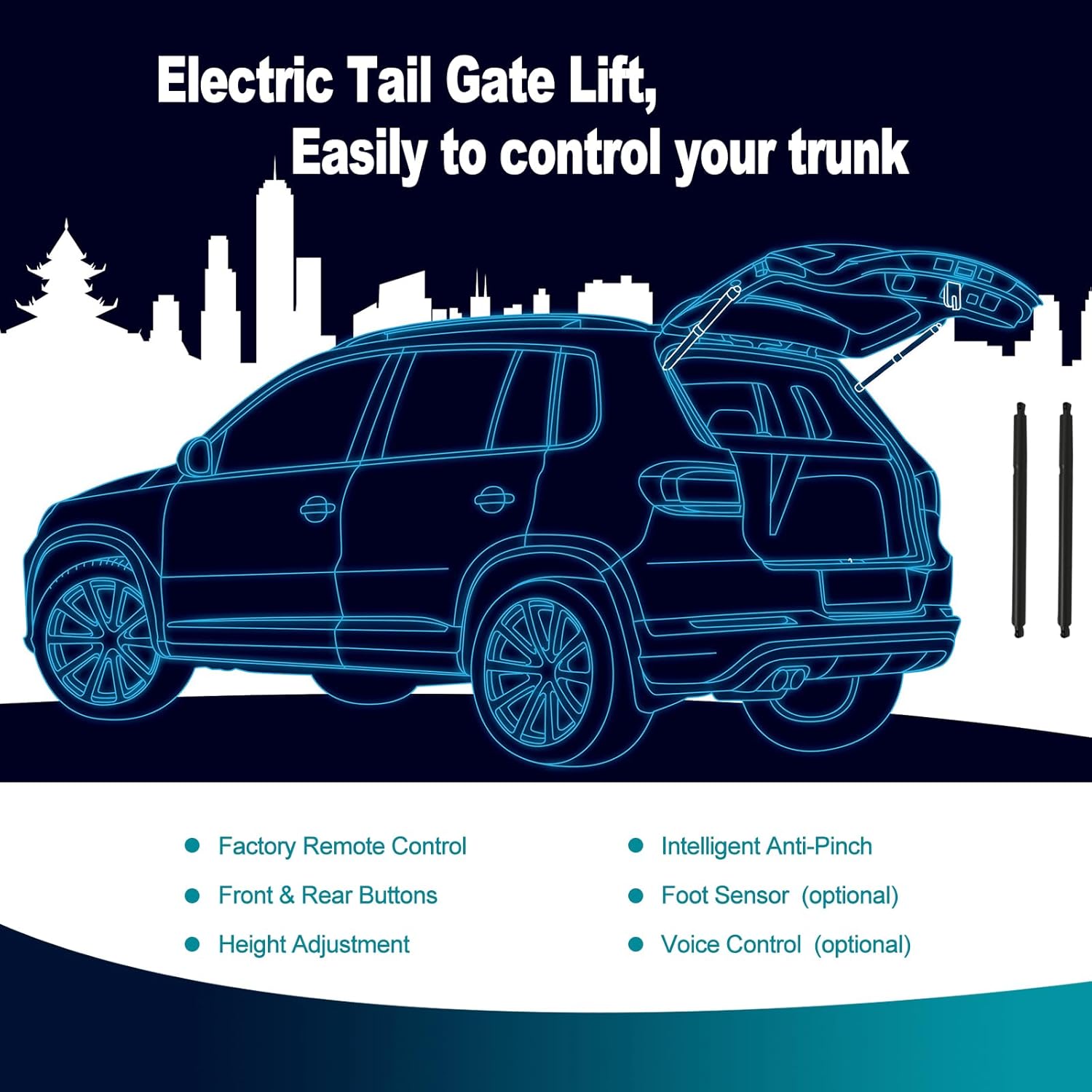 Diagram showing the various components of the power liftgate system and their typical installation locations on a vehicle, including the control box, struts, buttons, and latch mechanisms.