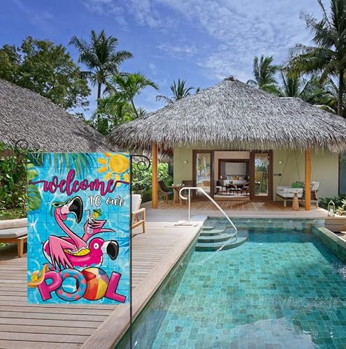 Summer Pool Garden Flags For Outdoor, Flamingo Welcome To Our Pool Small Yard Flags For Outside, Swimming Pool Decoration For Party Holiday 12X18 Inch Double Sided #TOP4