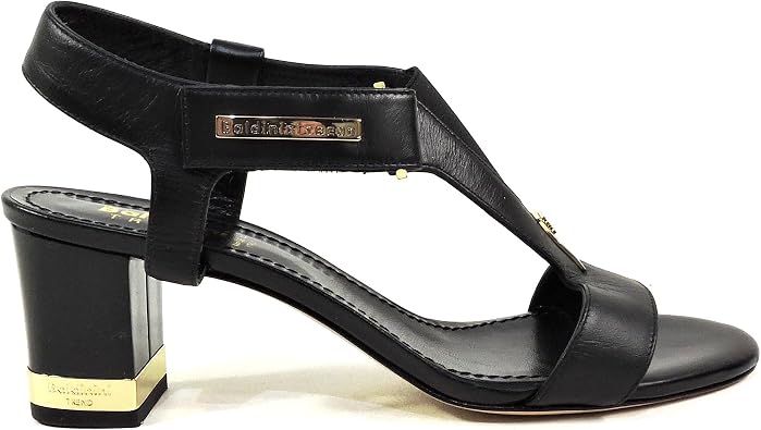 Baldinini Womens Black Leather T-Strap Sandals, Gold-Accented Block Heel, Made in Italy