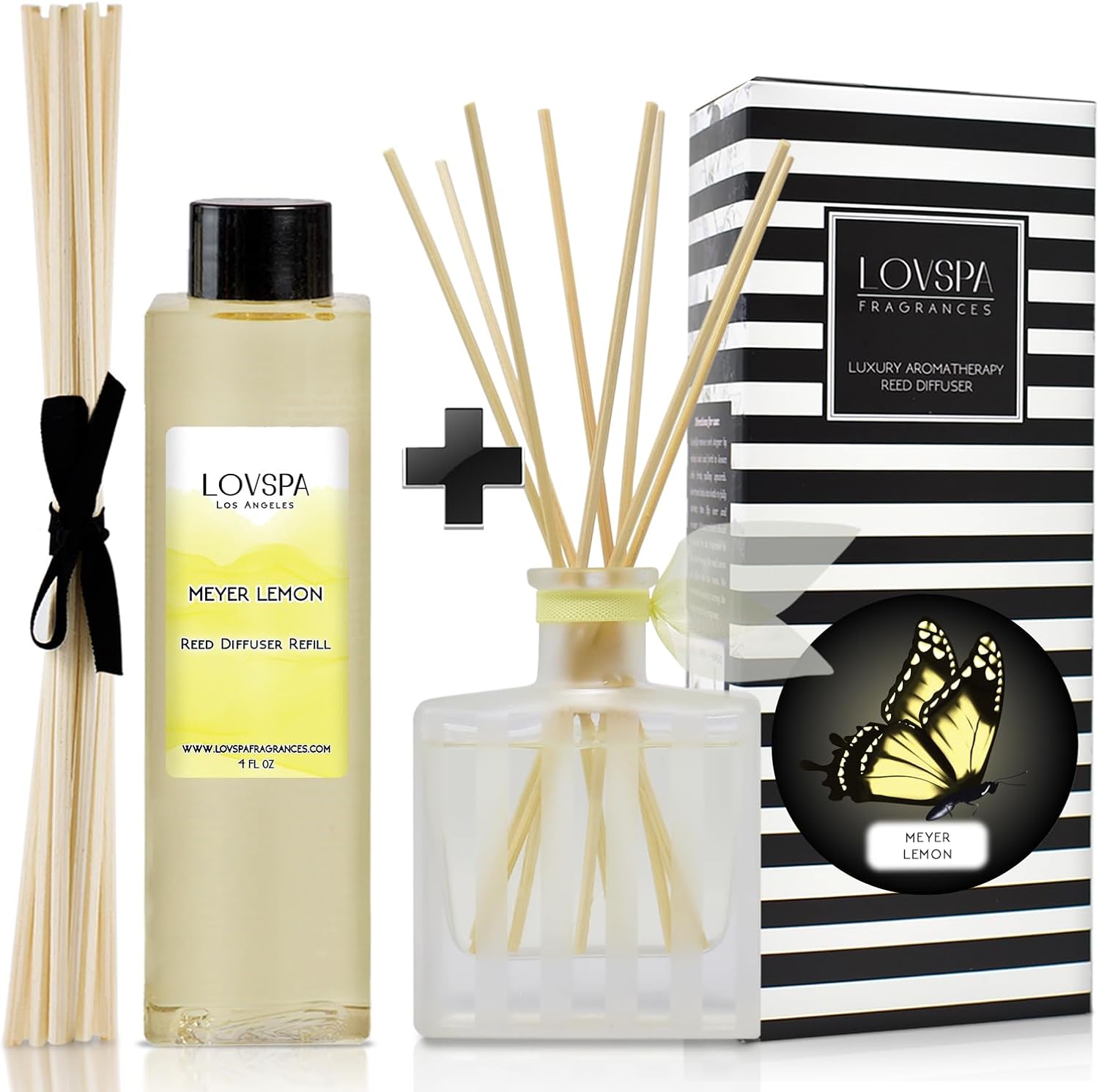 LOVSPA Meyer Lemon Reed Diffuser Refill, 4 oz, Bundle with Meyer Lemon Reed Diffuser Set - Made with Essential Oils in The USA