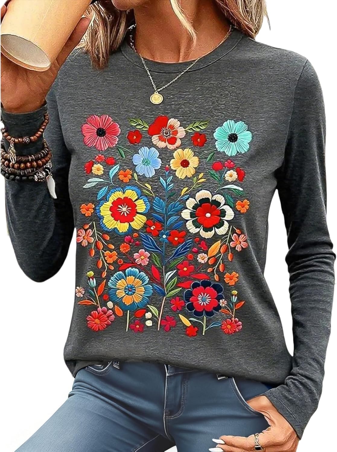 Flamingals Vintage Graphic Tees for Women Boho Wildflower Pattern Casual Crewneck Long Sleeve Women's Tops