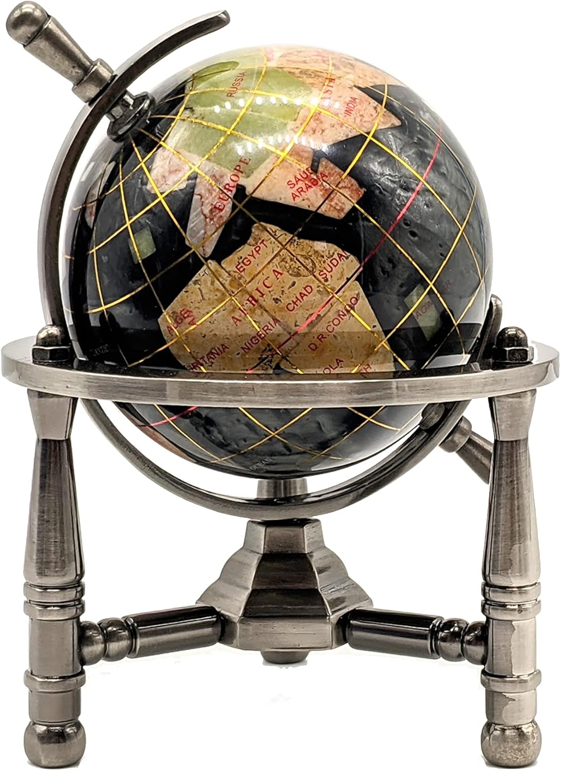 Unique Art Since 1996 6 Inches Tall Pearl Swirl Ocean Mini Table Top Gemstone Globe with Tripod Zinc Alloy Stand (Bahama Blue Gold)
