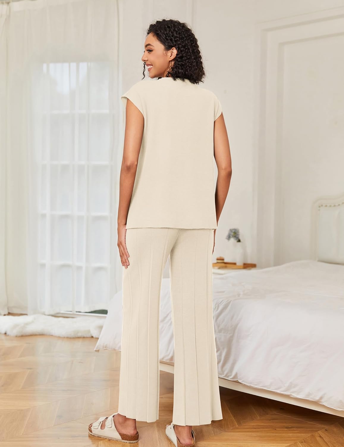 Ekouaer Lounge Sets for Women Two Piece Outfits Knit Cap Sleeve Tops Wide Leg Pleated Pants Casual Dressy Sweater Sets - Image 5