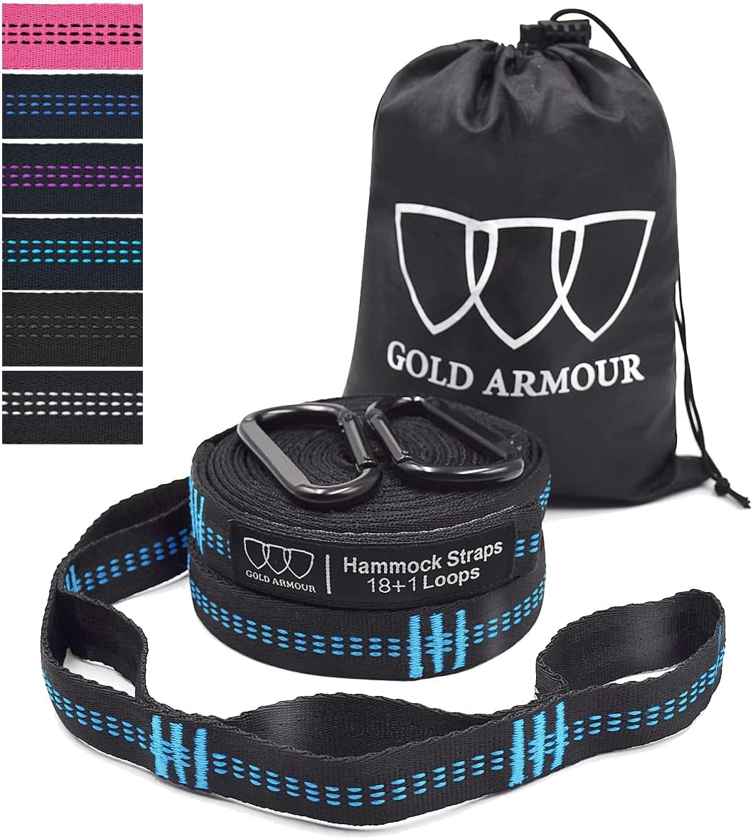 Gold Armour XL Hammock Straps Combined 20 Ft Long, 36 Loops with 2 Carabiners - Must Have Camping Hammock Accessories & Gear to Hang Camping Hammocks (Black with Sky Blue Stitching) : Patio, Lawn & Garden