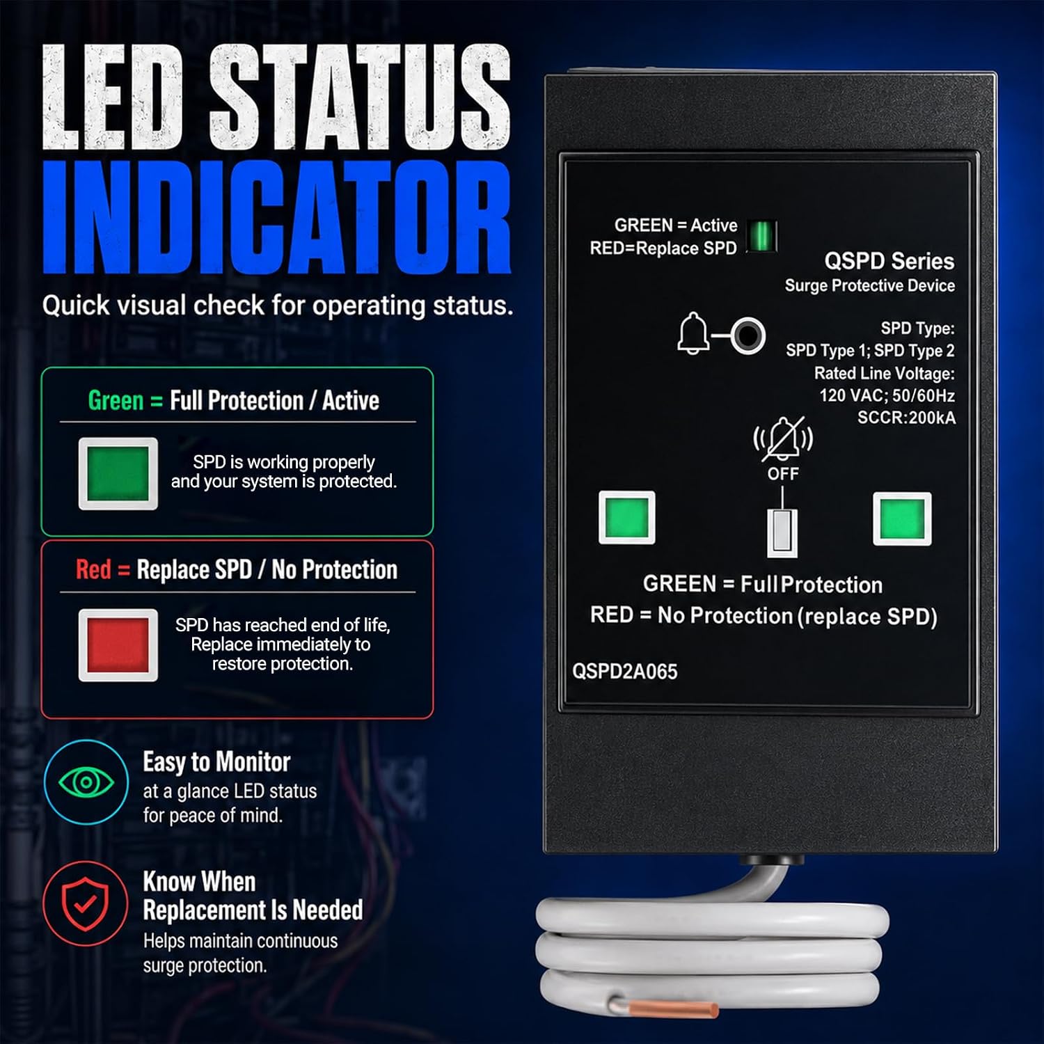 QSPD2A065P Plug-in Surge Protection Device for Siemens Panels & Type QP Load Centers, 65kA 120/240V 2-Pole 1Ø 3W Whole House Surge Protector Breaker with LED Indicator & Audible Alarm