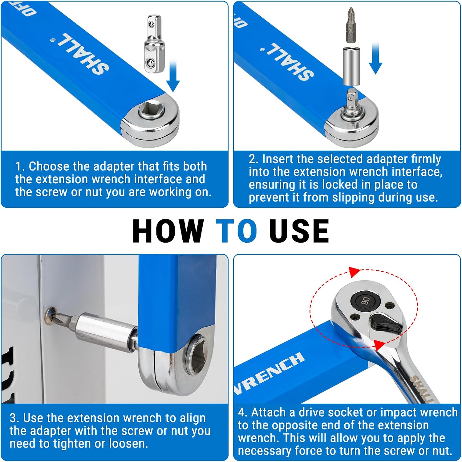 SHALL Offset Extension Wrench Set, Impact-Ready Socket Extender Tool | Versatile 1/4", 3/8", 1/2" Square Drive Adapters, 10 Screwdriver Bits, 0‑Degree Offset Extension for Tight-Space Auto Repair
