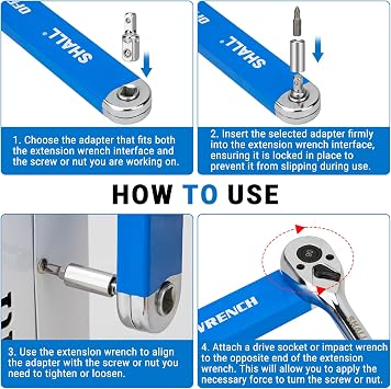 Shall Offset Extension Wrench, 15.4 inch (39 cm), with 1/2 inch, 1/4 inch and 3/8 inch Square Drive adapters and 10 Universal bits
