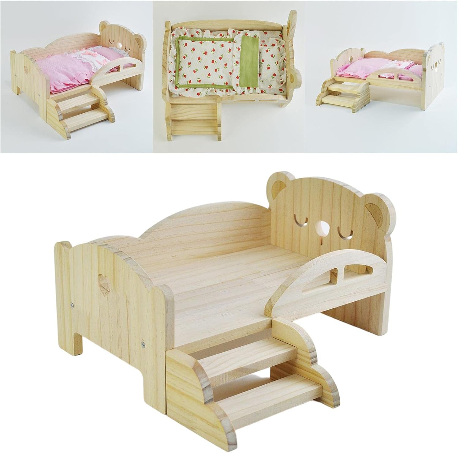 Milageto Miniature Doll Bed Set with Steps - Wooden Furniture for 1/6 Scale Dolls, Bear