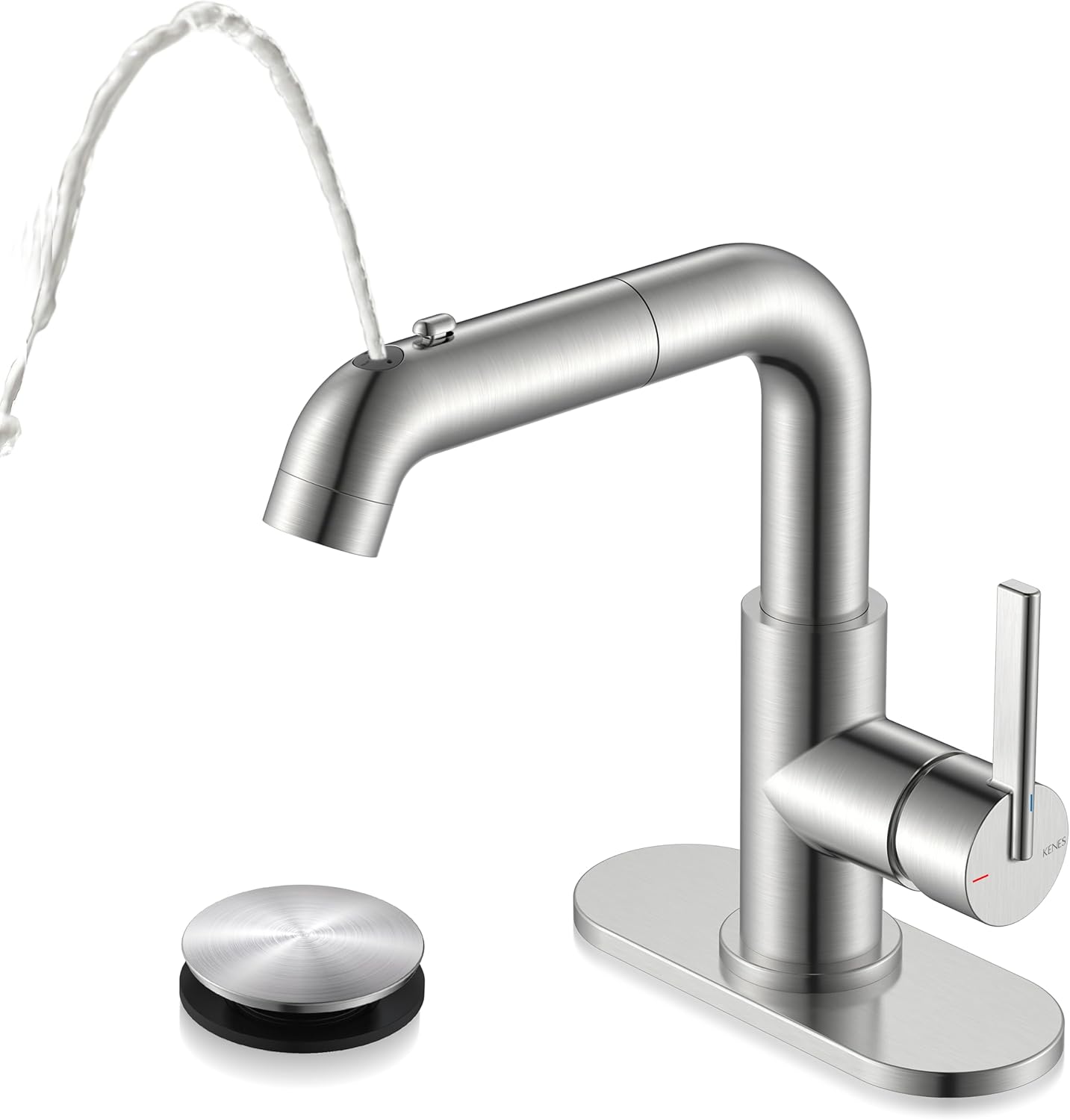 KENES Single Hole Bathroom Faucet with Pull Out Sprayer, Brushed Nickel Single Handle Pull Down Bathroom Faucets, Vanity Faucet with Pop Up Drain & Deck Plate, LJ-9055A