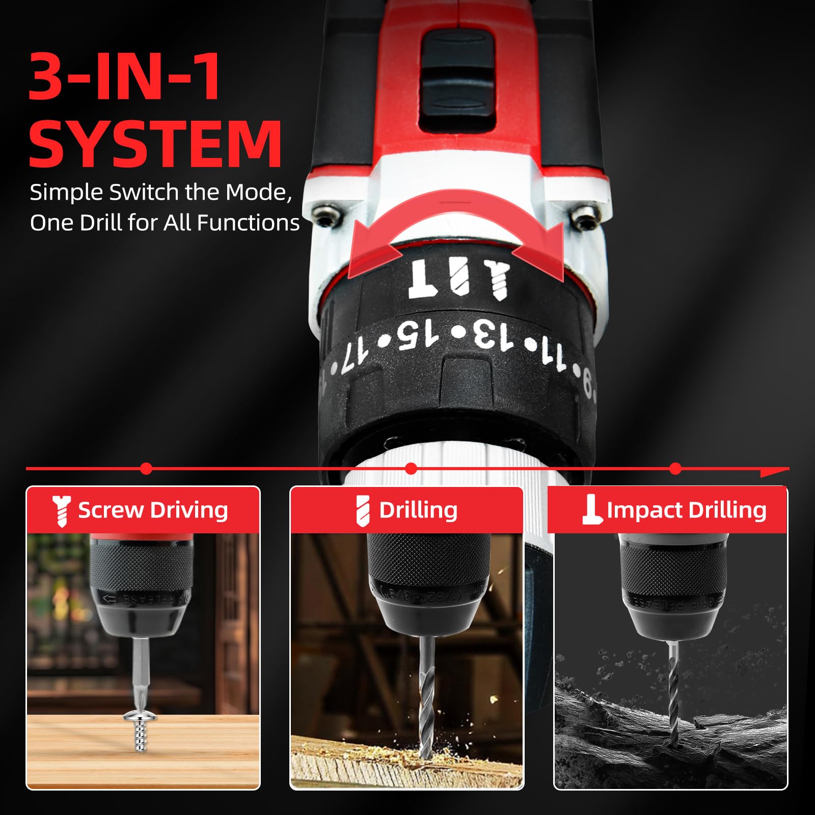 DOGTOOTH 21V MAX Cordless Drill, 2 * 2.0 Ah Batteries, Compatible with Makita 18V Battery, 2 Speed Functions Max 1350 RPM, Build-in LED, 23 Bits, Charger, Tool Bag - Red