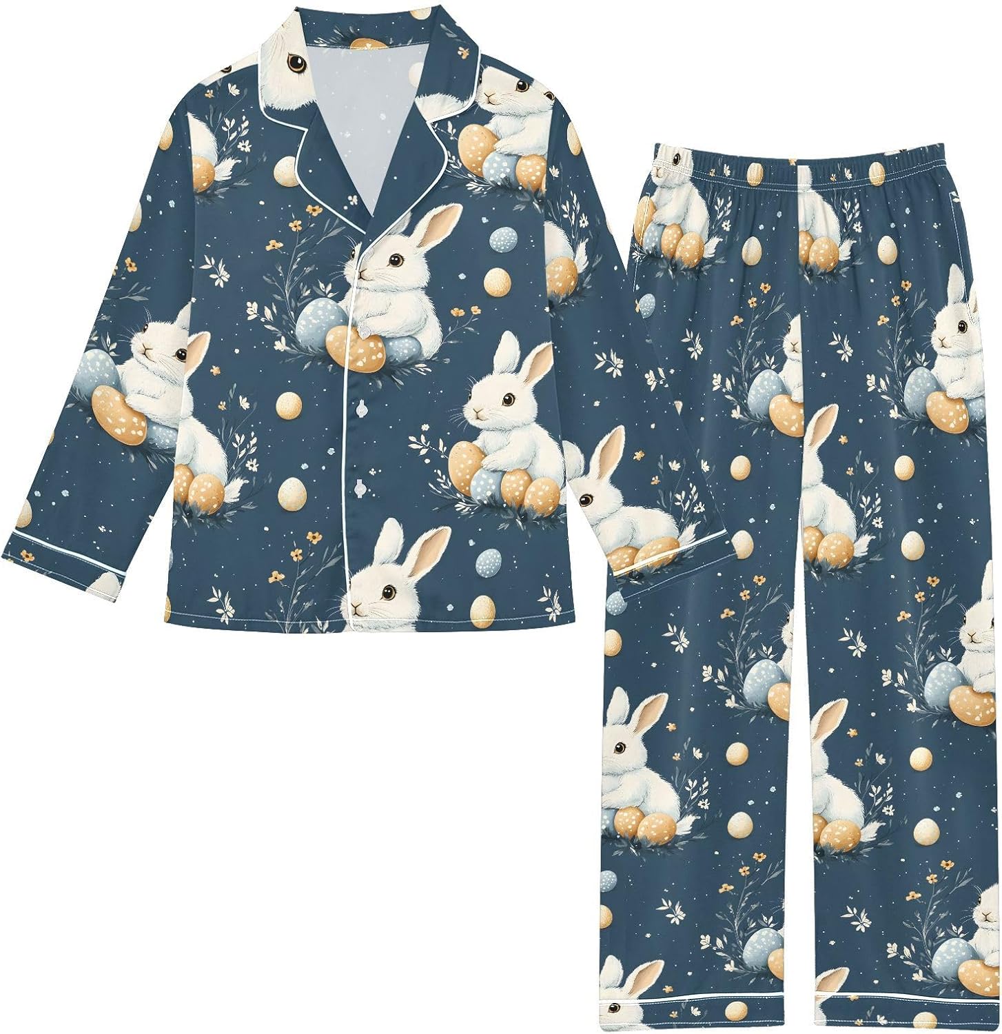 senya Rabbit Egg Flower O Satin Pajama Sets Long Sleeves Nightwear Button Down Sleepwear