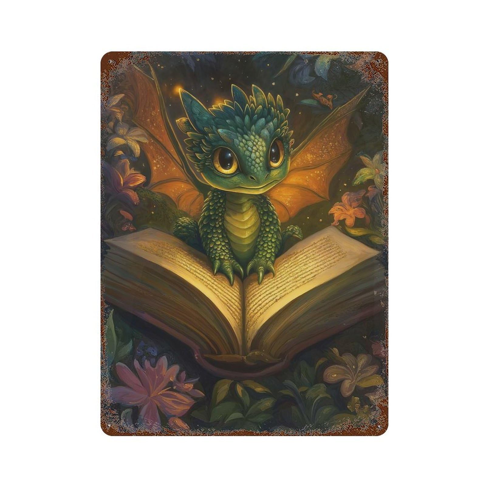 Baby Dragon Book Fantasy Aged Metal Wall Plaque 15.7"x11.8", Classic Wall Plaque for Garage, Pub Or Kitchen