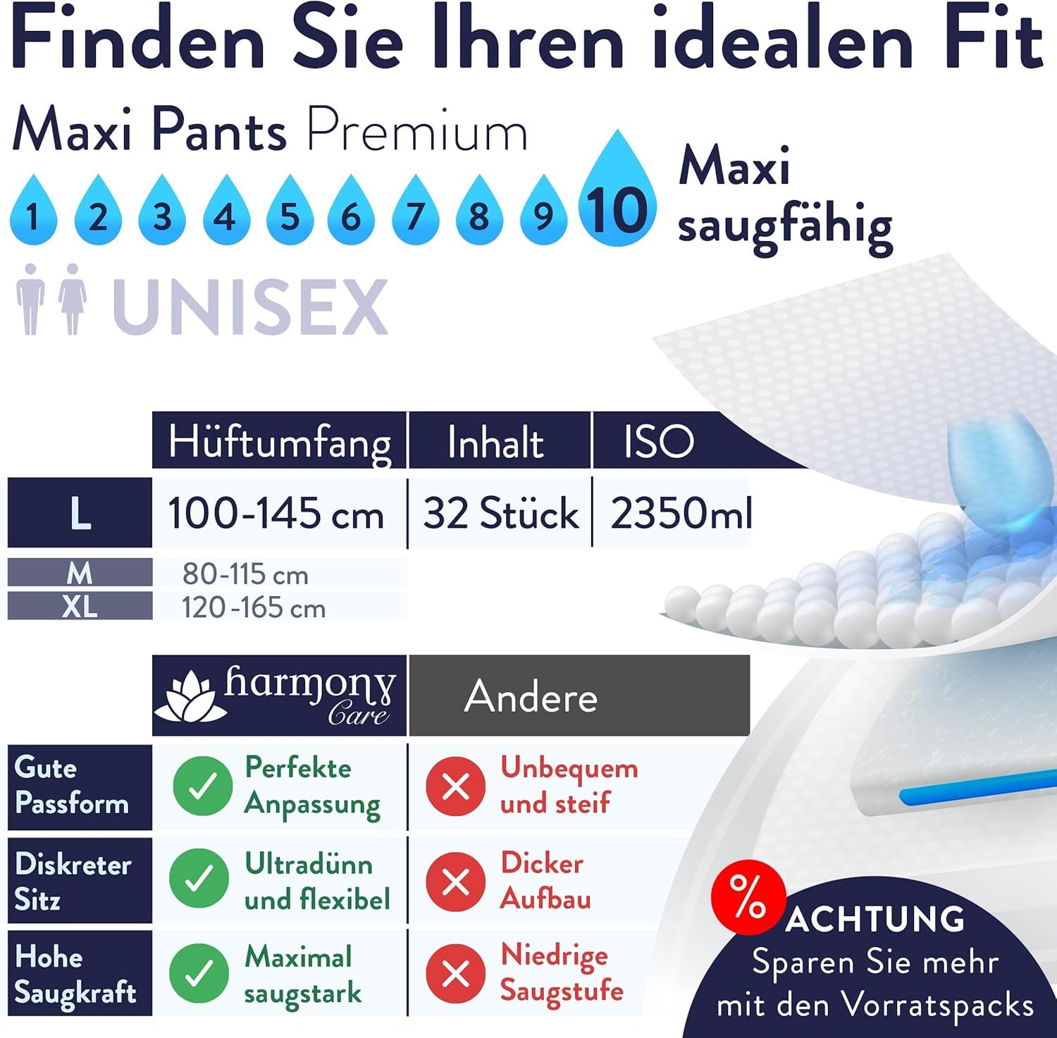 Harmony Care ® Premium Pants MAXI saugstarke Windeln für Erwachsene – diskrete Inkontinenz Pants für Männer und Frauen - extra auslaufsichere Erwachsenen Windel, Gr.M - 8 Stück