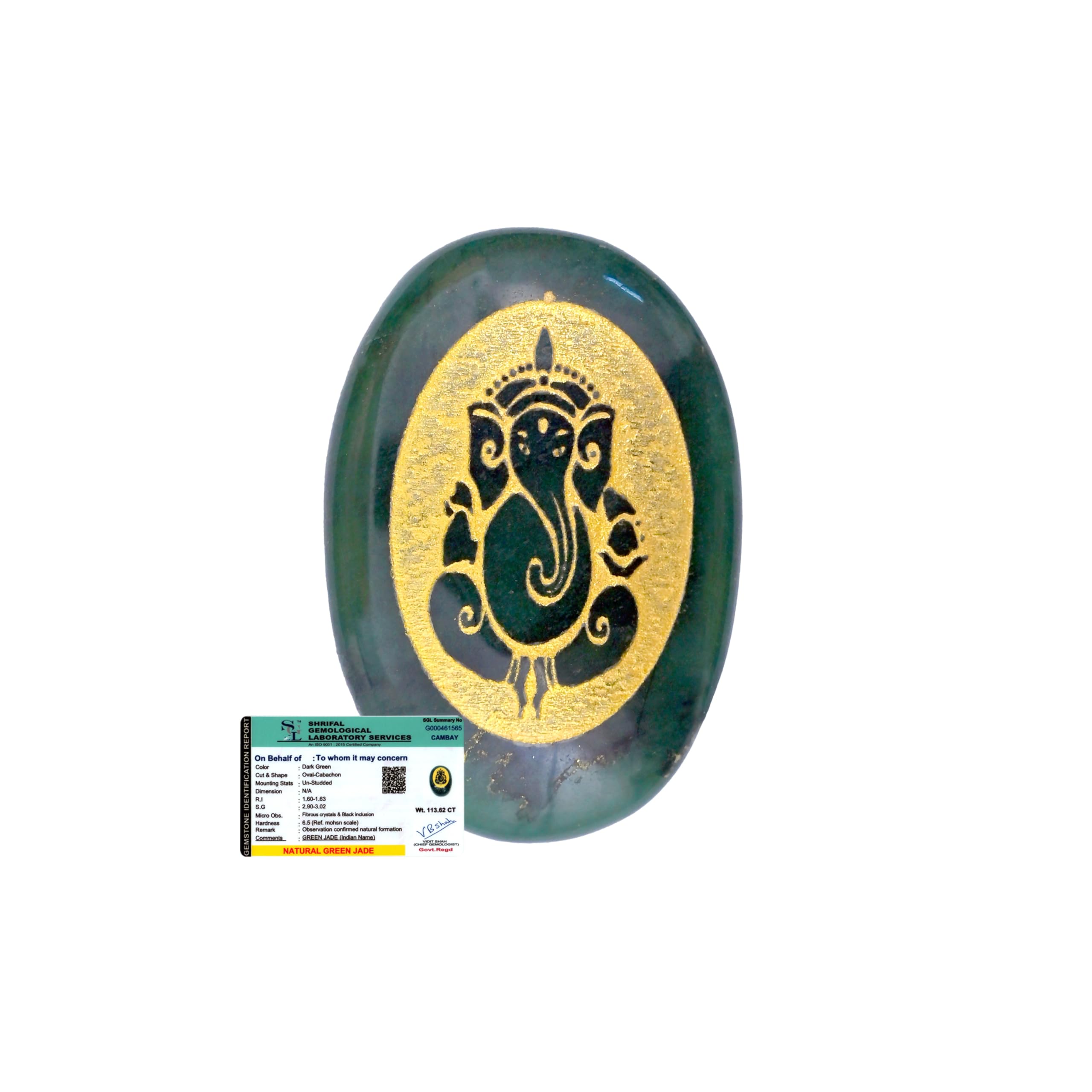 TAYBA CRYSTAL HOUSE Certified Green Jade Ganesha Zibu Coin | Natural Crystal with Lord Ganesha and Zibu Symbol | Success, Wealth | Spiritual Energy Coin for Vastu, as well as Daily Blessings