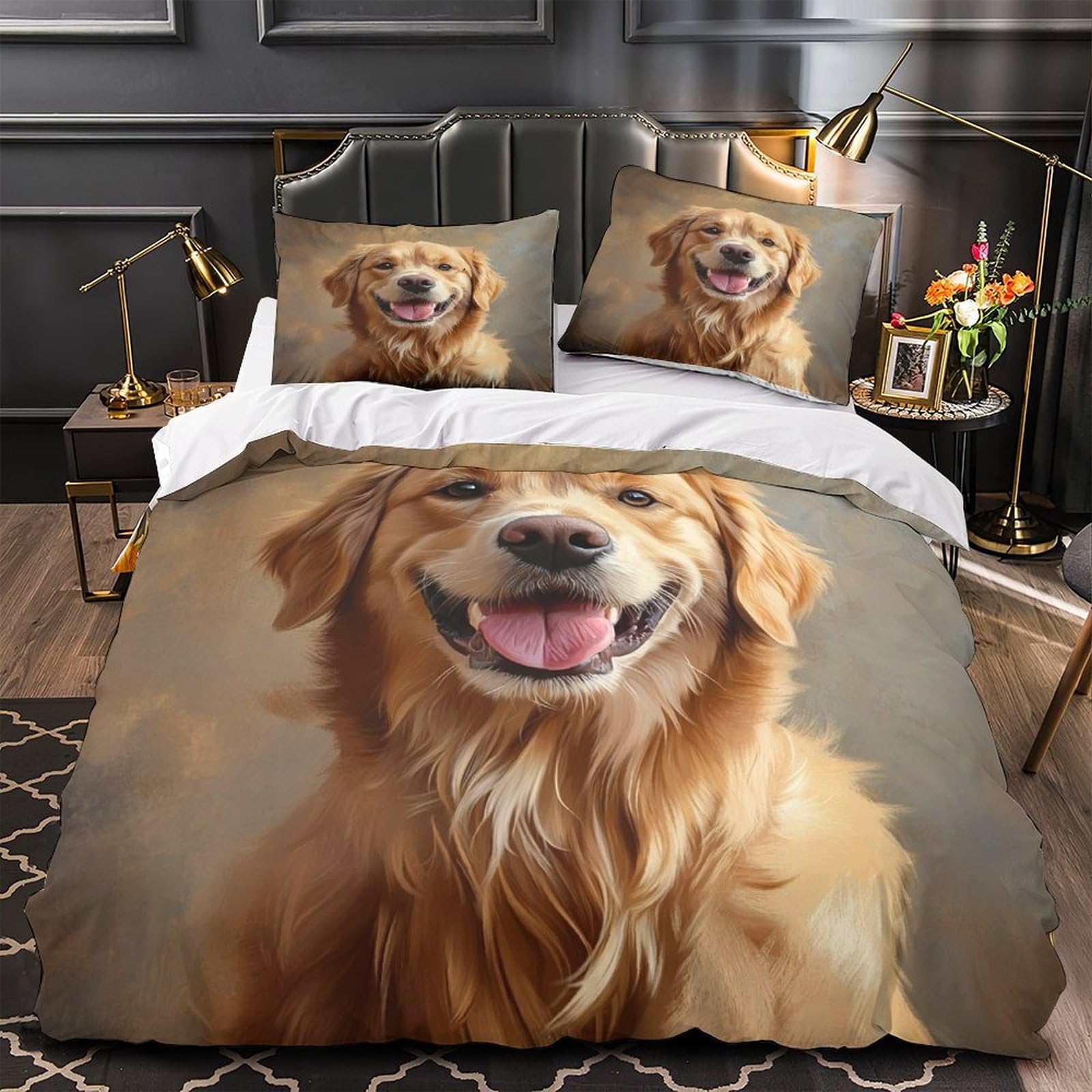 Housse de couette 135x200 anti-acarien et douce avec motif Golden Retriever pour lit simple