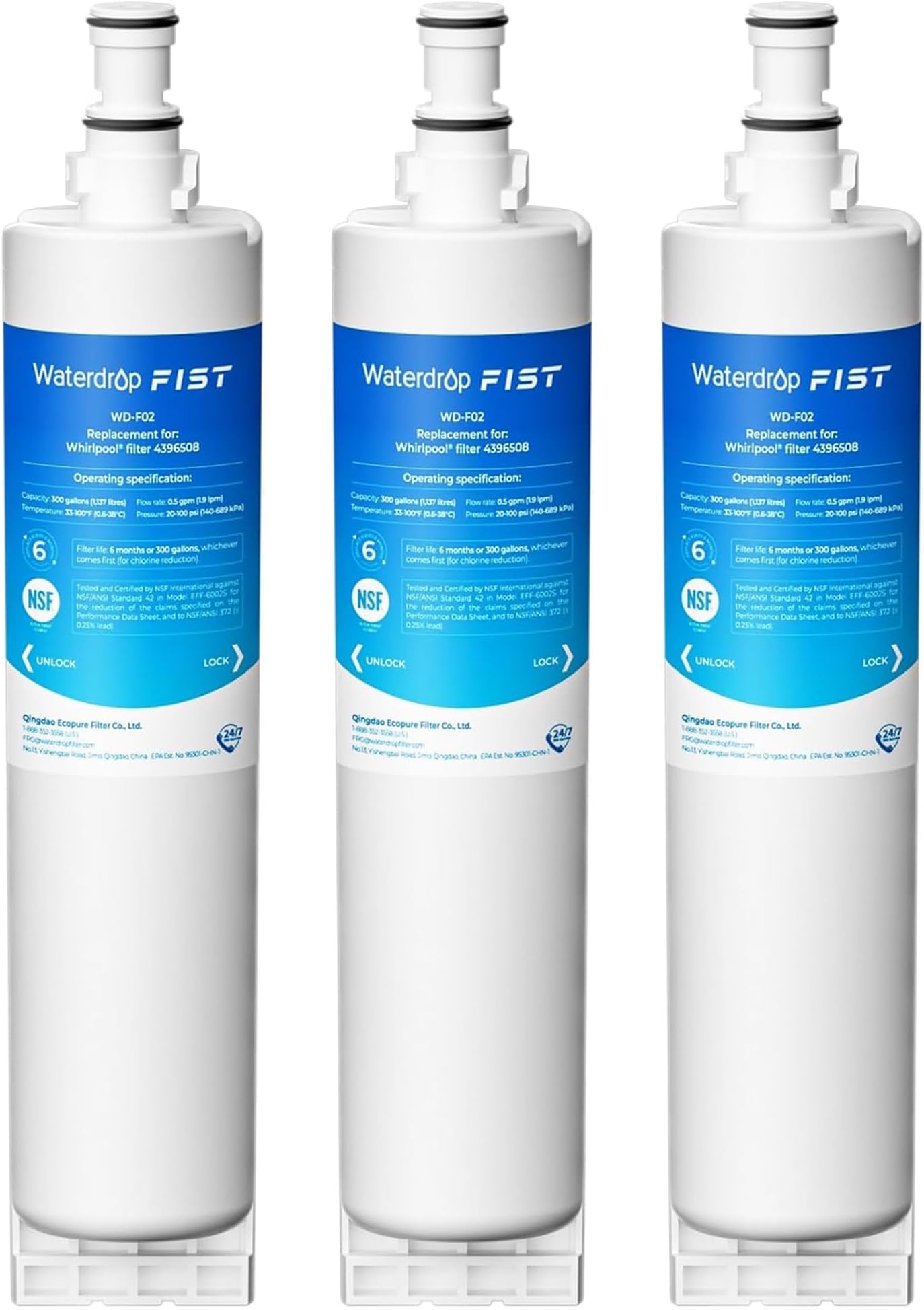 Waterdrop 4396508 Refrigerator Water Filter, Replacement for Whirlpool® 4396510, 4392857, Kenmore® 46-9010, NLC240V, EveryDrop® Filter 5, EDR5RXD1, 3 Filters (Package may vary)