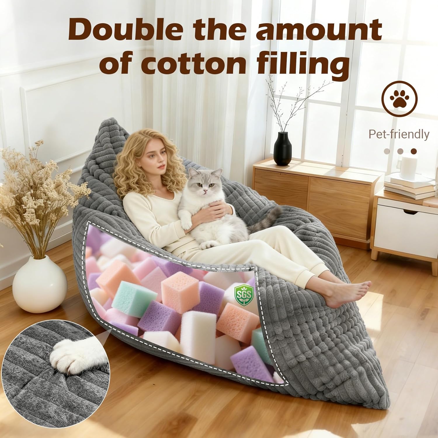 3 in 1 BeanBag Chair Convertible Sofa Bed，Giant Bean Bag Chairs for Adult,Reading Sleeper Chaise Lounge Chair Indoor Cloud Boneless Couch, Bedroom Living Room Furniture for Valentine Gift