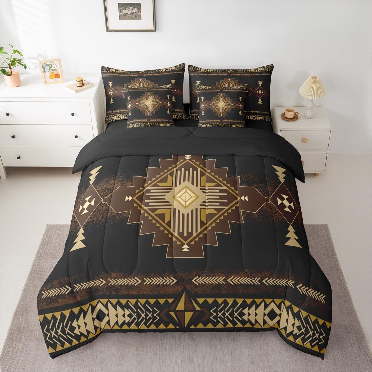 Castle Fairy Southwest Boho Kids 7 Pieces Comforter Set Queen Size,Vintage Native American Tribal Aztec Reversible Quilt Set,Abstract Black Brown Bedding Set with Comforter,Sheet,Pillowcase