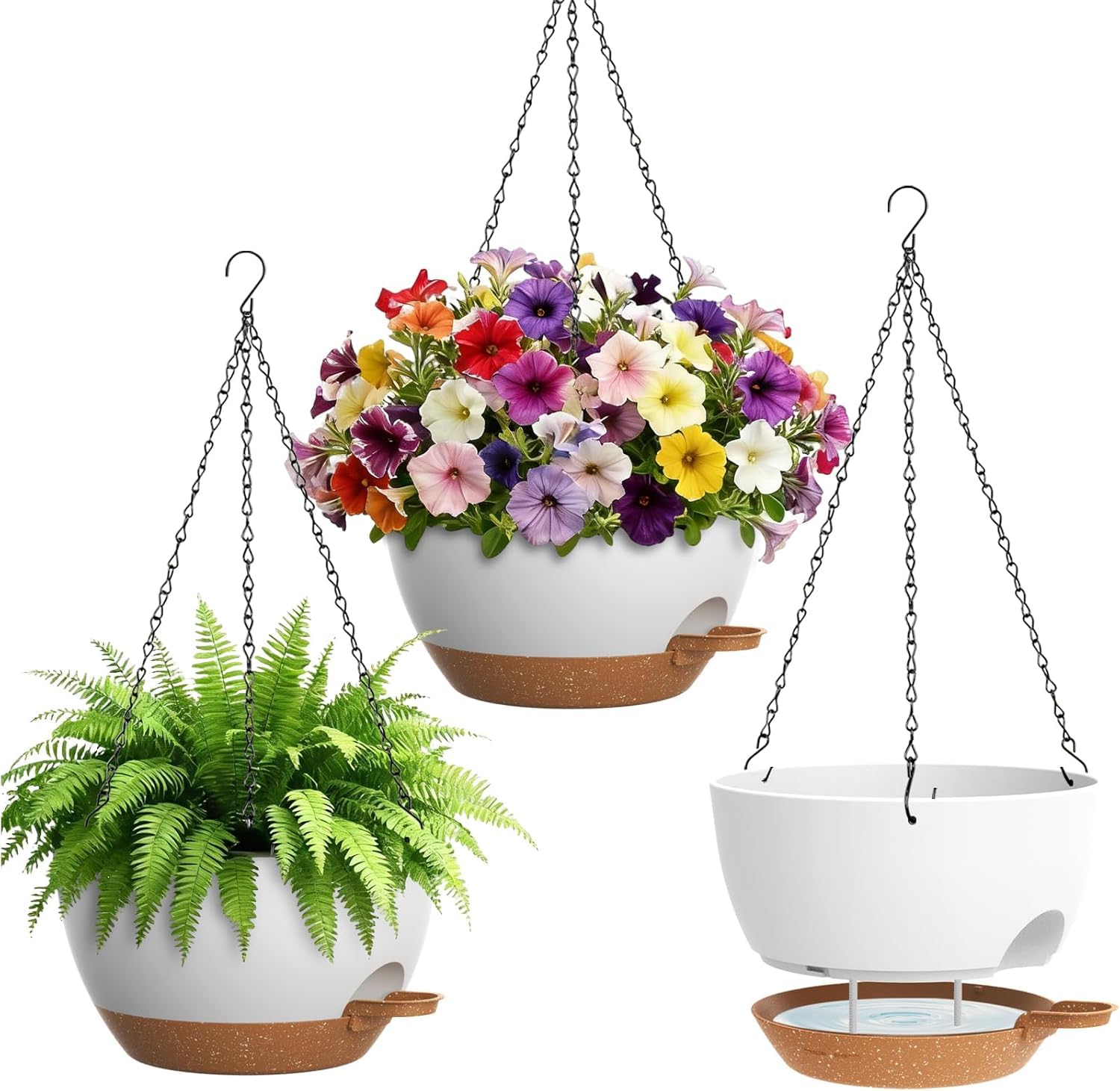 SQOKHT 25.4cm Hanging Planters for Indoor Outdoor Plants, 3 Pack Plastic Self Watering Hanging Baskets with Drainage Holes and Chain for Garden Porch (White Brown)