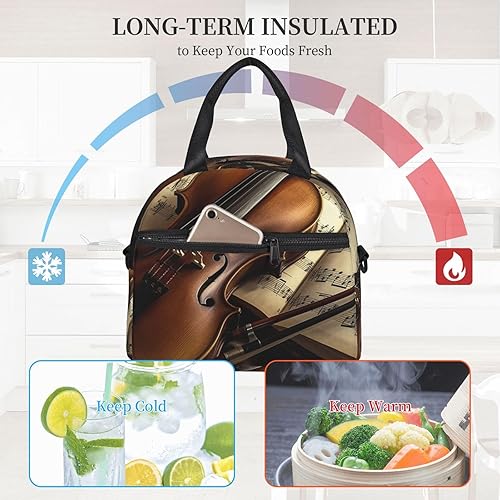 Miniatura 4 de NONHAI Bolsa de almuerzo con aislamiento para violín y libro, para mujeres y hombres, reutilizable, bolsa de almuerzo para trabajo de oficina