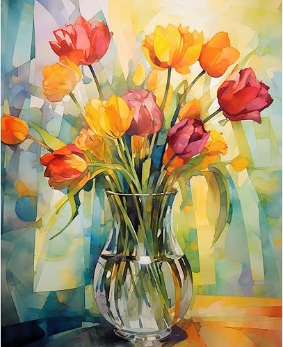 Miniatura 10 de Tucocoo Kits de pintura de girasoles por números con pinceles y pigmento acrílico sobre lienzo para adultos, acuarela abstracta floral