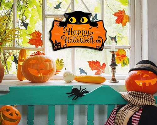 Miniatura 7 de Letrero de feliz Halloween para puerta delantera, lindo gato de Halloween, decoración de puerta delantera, letrero de puerta de Halloween, lindo