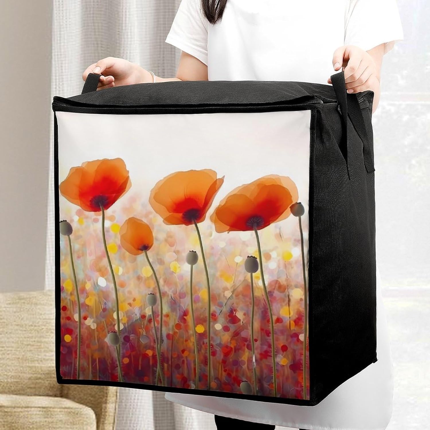 Quilt Storage Bag,Red Poppy Flowers Printed Large Foldable Storage Container Portable Travel Storage Bag for Blankets, Quilts, Clothes, Comforter, Bedding And Pillows