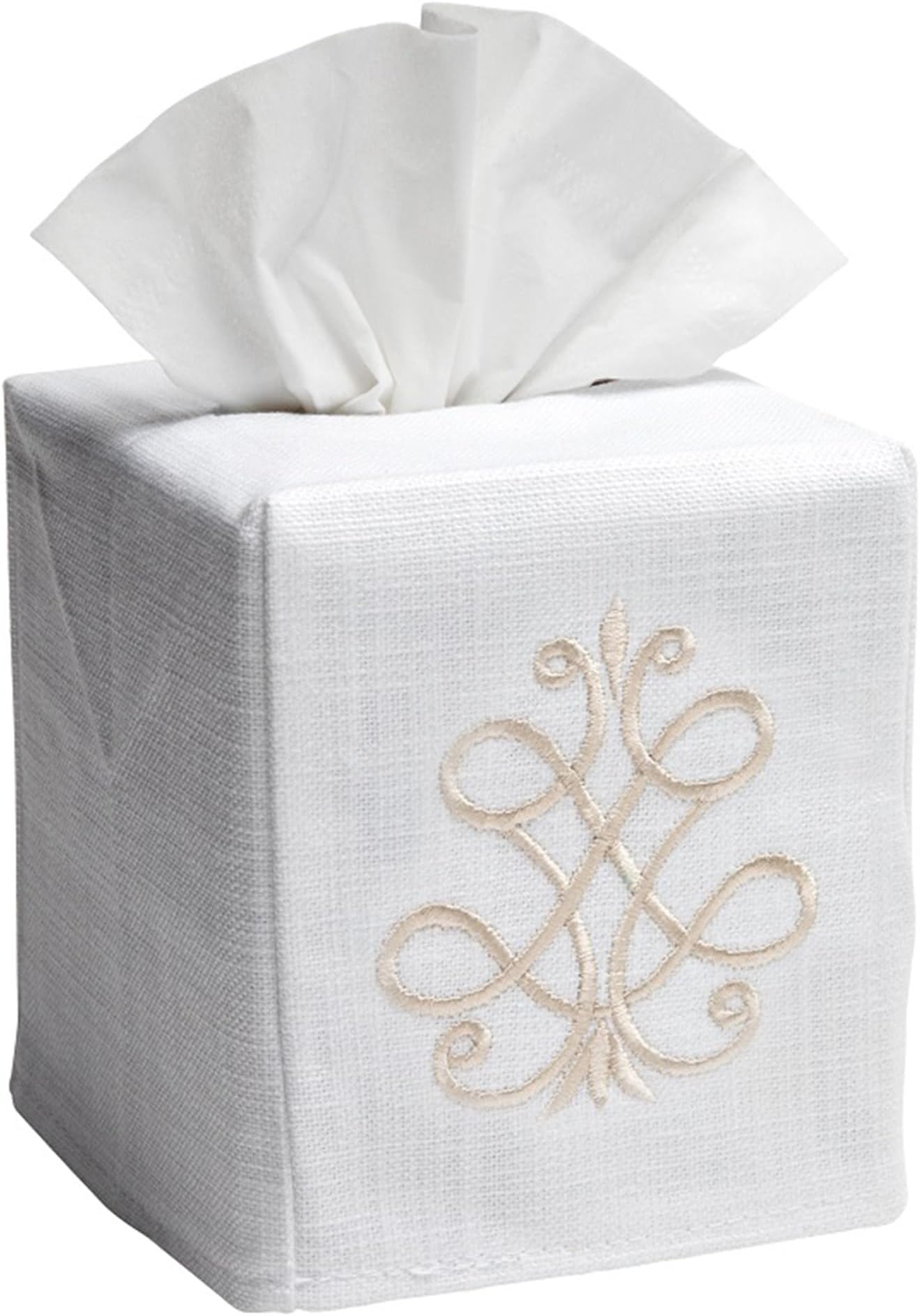 Jacaranda Living Square Tissue Box Cover, Linen/Cotton Fabric Tissue Holder, Decorative Cloth Tissue Cube Cover, Scrolls Design French Scroll (Beige)