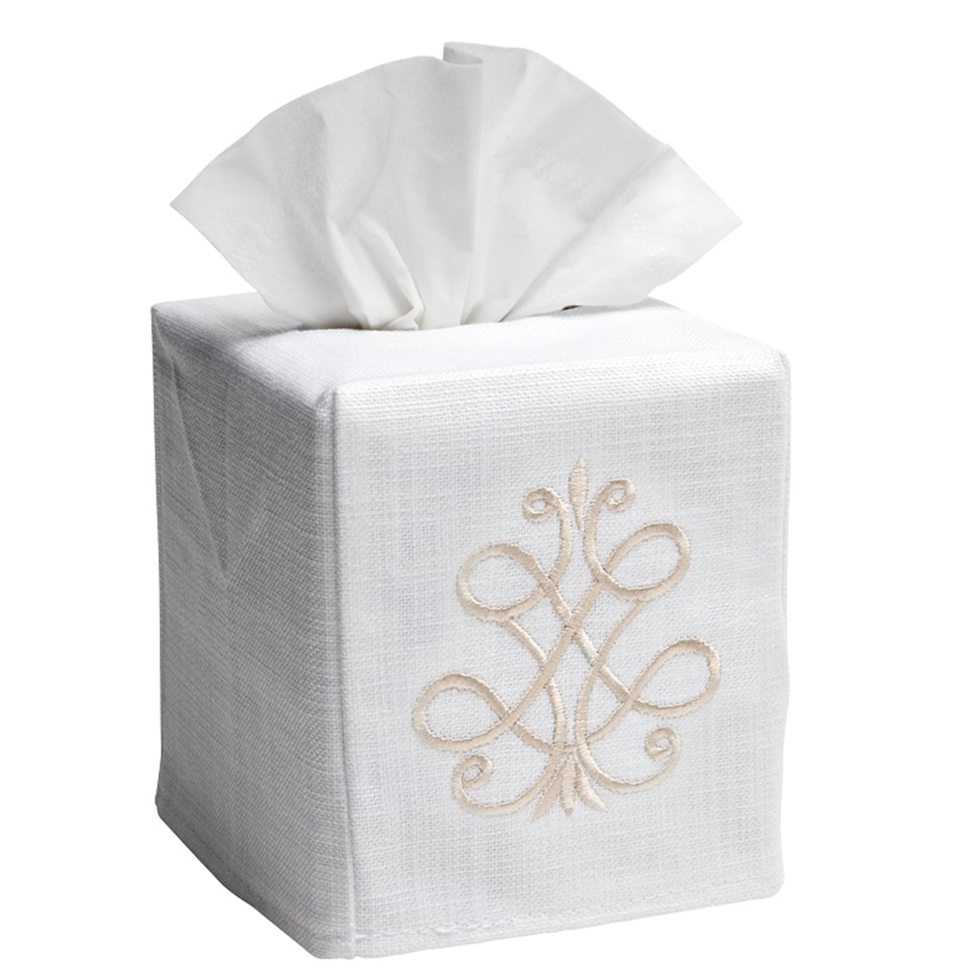 Jacaranda Living Square Tissue Box Cover, Linen/Cotton Fabric Tissue Holder, Decorative Cloth Tissue Cube Cover, Scrolls Design French Scroll (Beige)