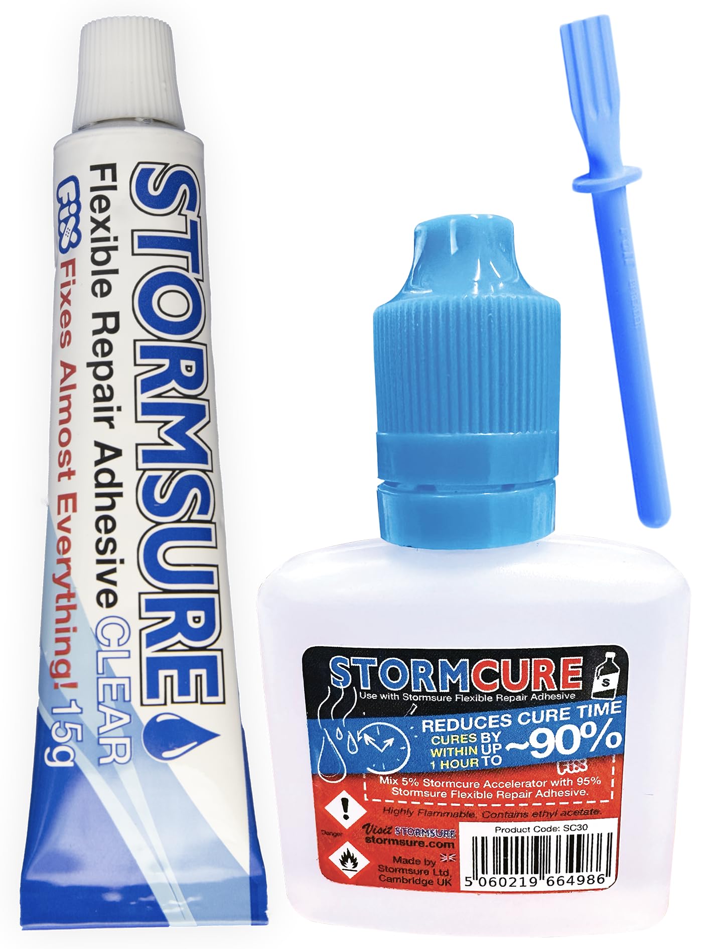 StormsureFast Curing Flexible Repair Adhesive - 15g Clear + 30ml Stormcure Accelerator - 10 Times Faster Cure Without Compromising Bonding Strength