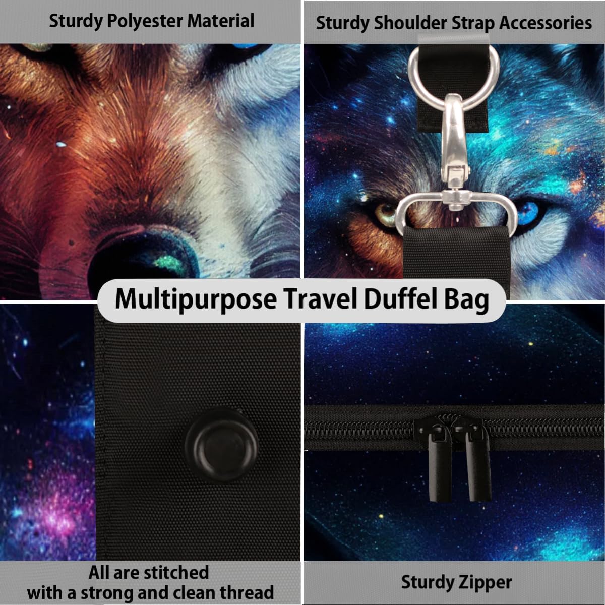 Cool Galaxy Animal Wolf Travel Duffel Bag for Women Men Small Sport Gym Bag Waterproof Weekender Overnight Bag Lightweight Carry on bag Foldable Gym Bag for Training Swim Yoga Traveling Handbag