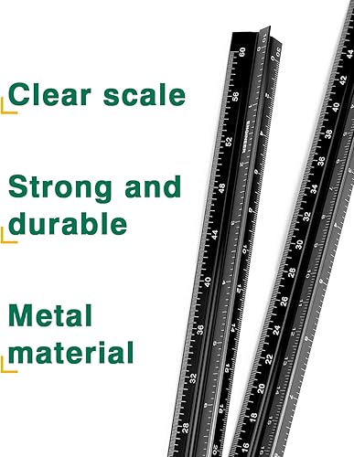 Miniatura 9 de Regla de escala de ingeniero, paquete de 2 reglas triangulares de 12 pulgadas, regla de escala de metal para planos, regla de dibujo para ingeniero