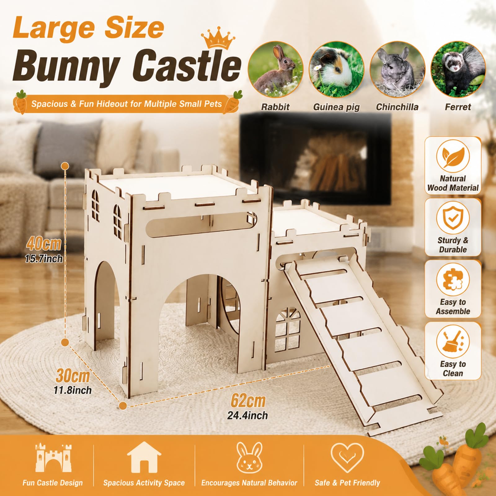 Rypet Großes Kaninchenschloss aus Holz, stabiles Hasenschloss mit Treppe, abnehmbares Kaninchenversteck atmungsaktiv, Kleintier-Spielhaus für Kaninchen, Hamster, Meerschweinchen, Chinchilla, Frettchen