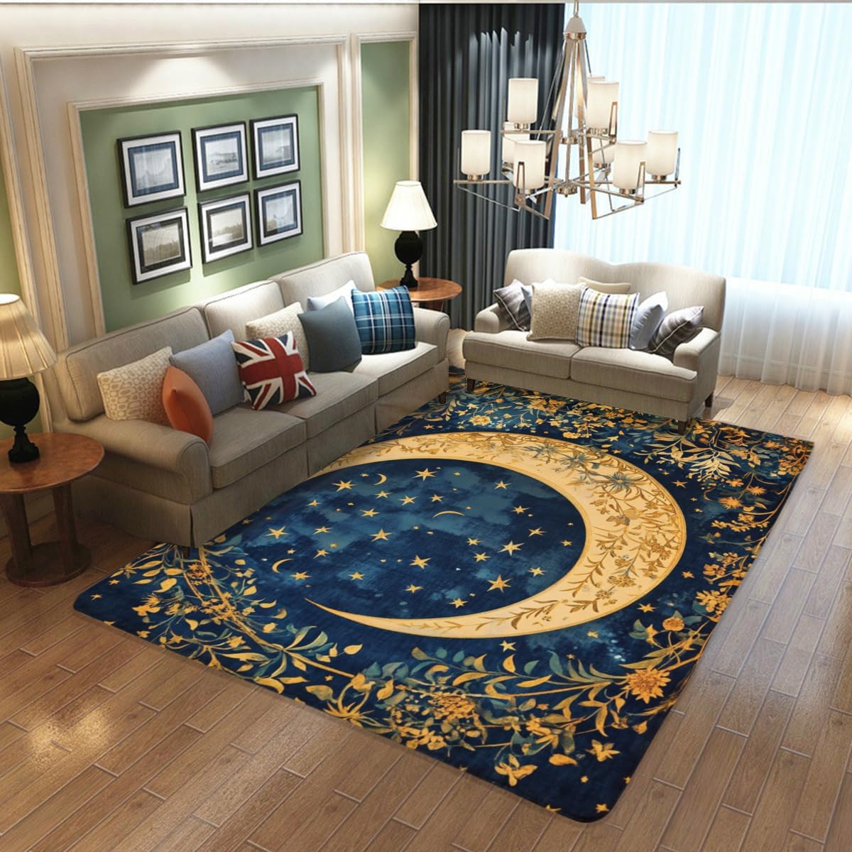 Moon Vintage Rugs - Exquisite Decorative Border Elegant Blue Gold Starry Moon Rug, Celestial Plant Flower Rug, Perfect Mat Gift for Girls Women's Birthday Festival, Bedroom Living Room 24x36inch