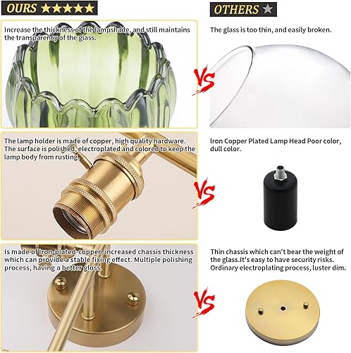 Miniatura 8 de Lámpara de baño, lámpara de pared de latón de 3 luces sobre espejo con pantalla de cristal de tulipán verde para dormitorio, sala de estar (bombilla