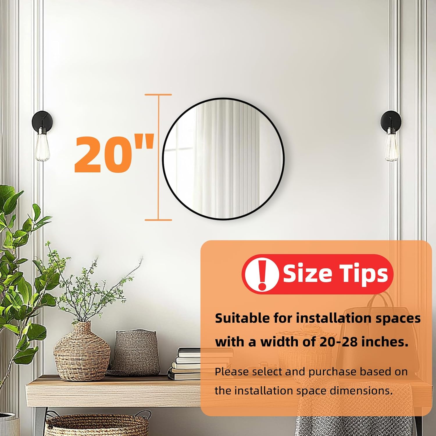 Black Round Mirror, 20 Inch Black Circle Mirror, Metal Frame Round Wall Mounted Mirrors for Bathroom, Living Room, Bedroom, Entryway, Vanity