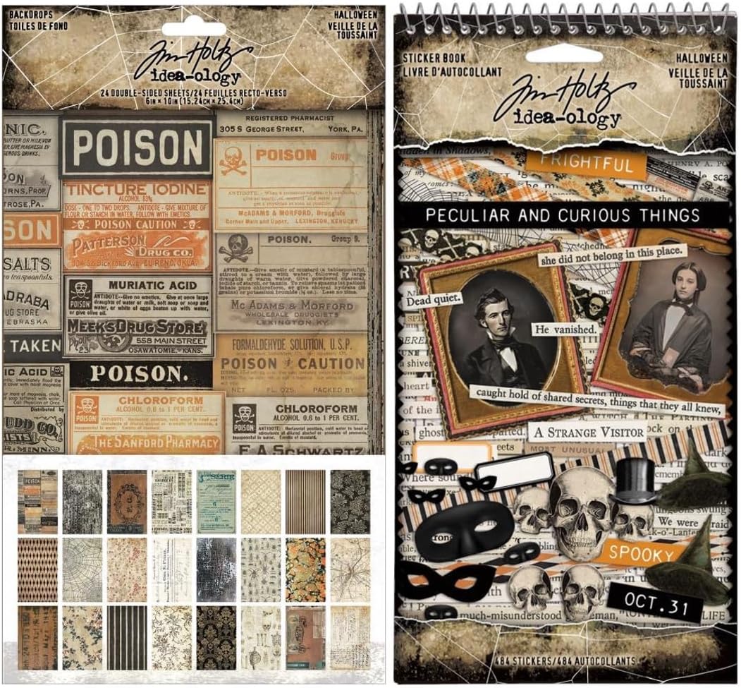 Tim Holtz Idea-ology Halloween 2025 Backdrops & Peculiar and Curious Things Sticker Book - 2 Item Bundle