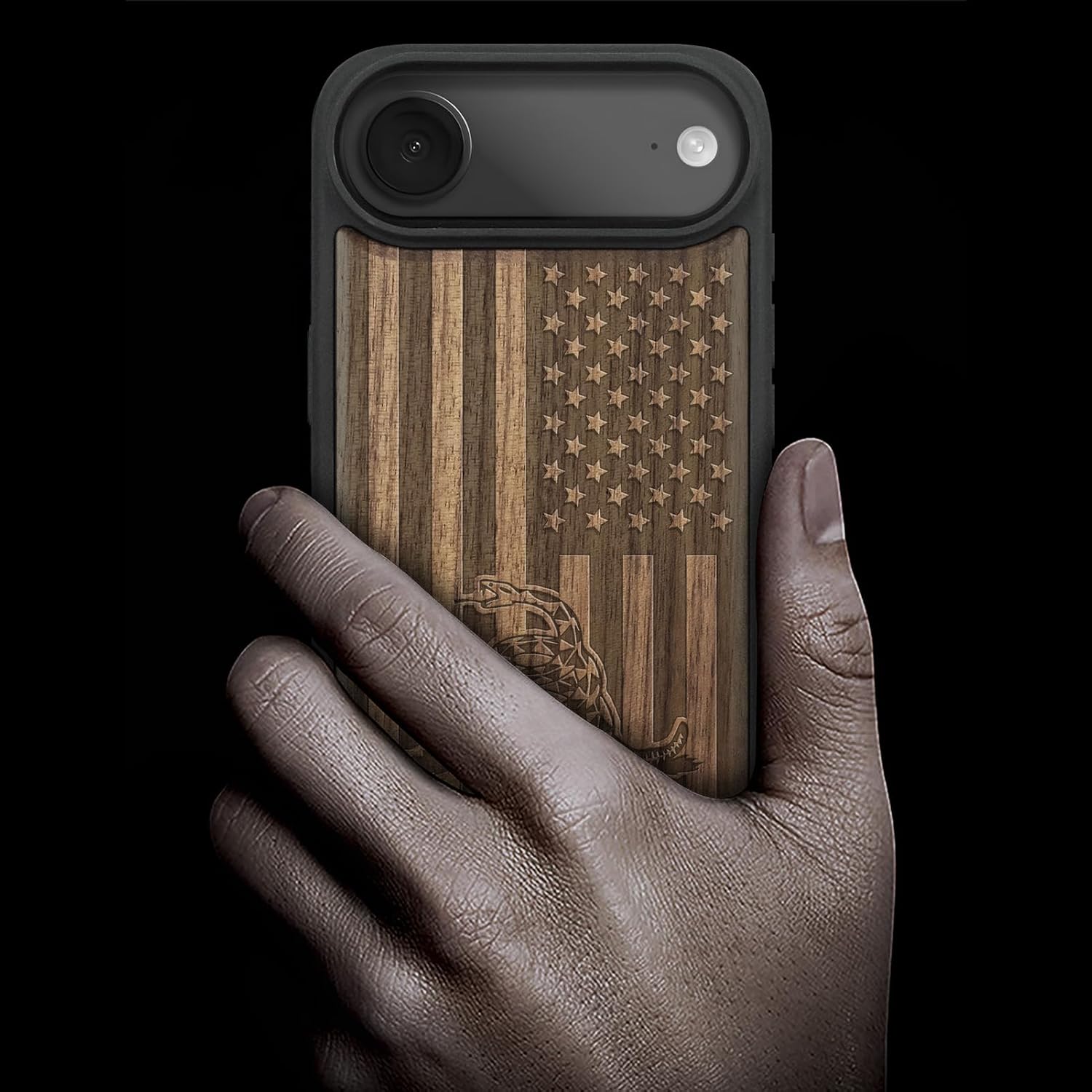Carveit Magnetic Wooden Case for iPhone Air Case, Wood Artisan Engraved & Soft TPU Shockproof Cover, Compatible with MagSafe 17 Air Wireless Chargers (Gadsden and The American Flag) Walnut