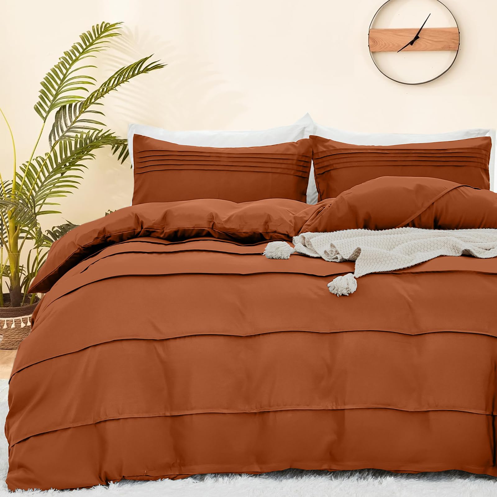 DJY Terracotta Duvet Cover Double Size, Autumn Burnt Orange Pleated Bedding Set