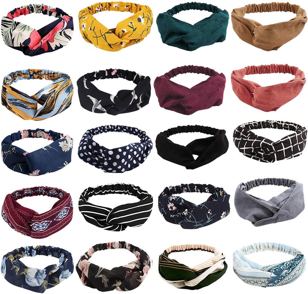 AHONEY Boho Knotted Twisted Floral Headbands - 20 Pack Elastic Headband Hair Accessories for Women