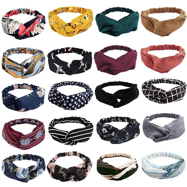 AHONEY Boho Knotted Twisted Floral Headbands - 20 Pack Elastic Headband Hair Accessories for Women
