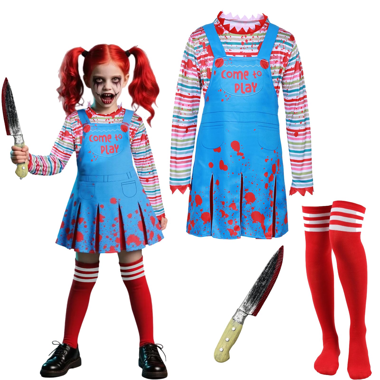 Meriviva Creepy Costume, Creepy Doll Costume with Rainbow Striped Top Skirt Stockings Fake Knife Tattoo Stickers for Halloween Party Dress Up (120)